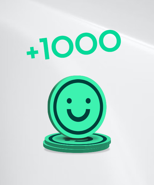 Gröna mynt med en glad smiley och texten ”+1000” ovanför